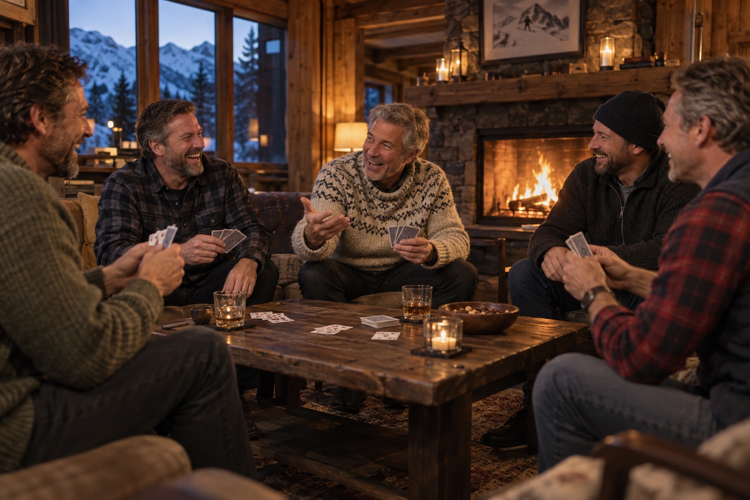 AI concept of five male ski friends sharing stories over a friendly card game in a lodge